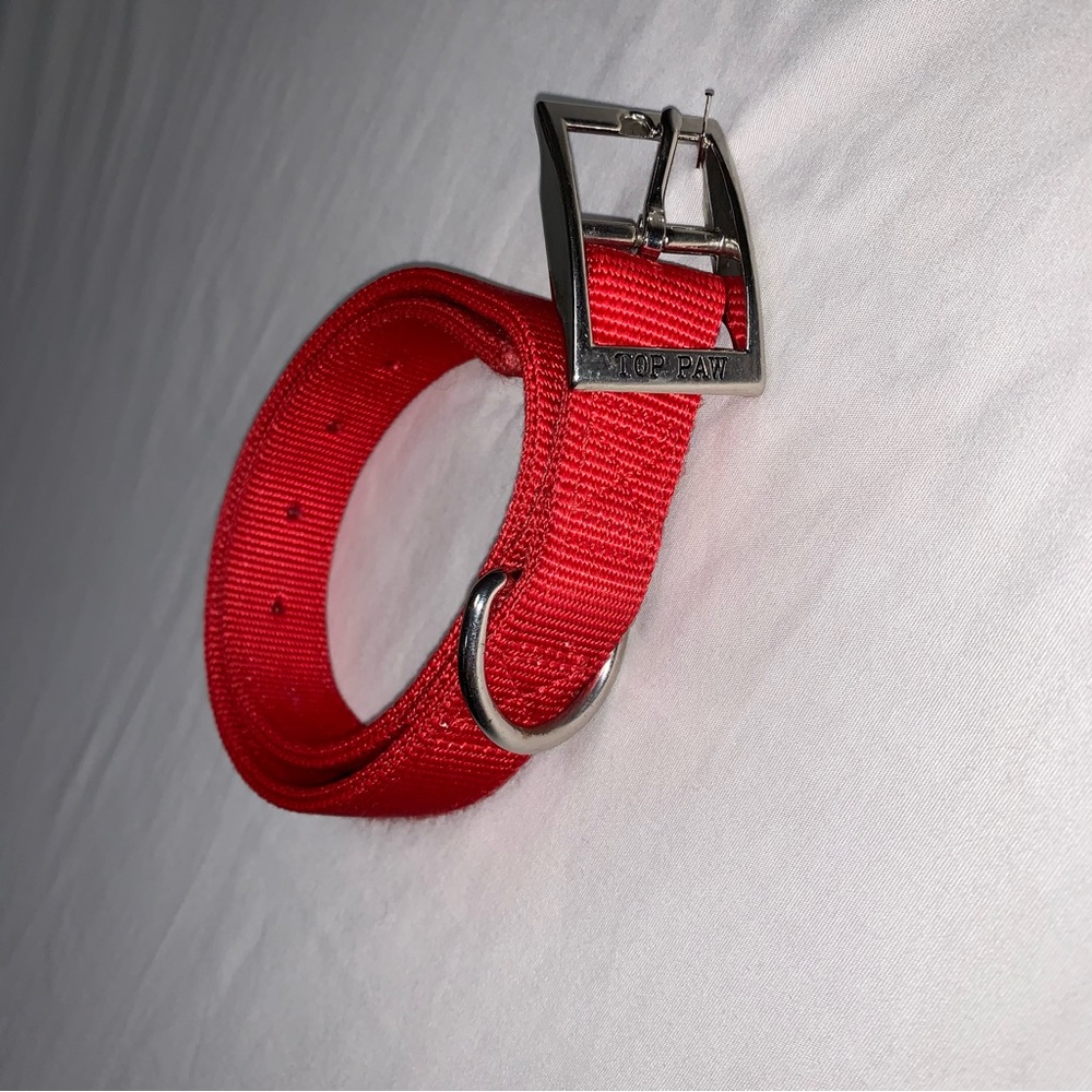 Red Dog Collar Top Paw Silver Clasp Thick Heavyweight Engraved Adjustable Leash